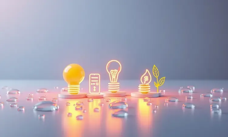 Ilustração 3D conceitual sobre economia de energia e facilidade de limpeza com gotas de água e luzes suaves.