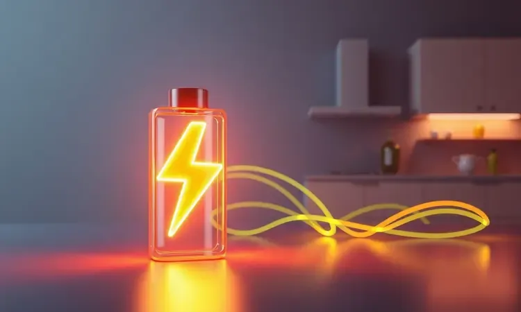 Conceito de eficiência energética com ícone de energia estilizado em ambiente de cozinha 3D colorida.