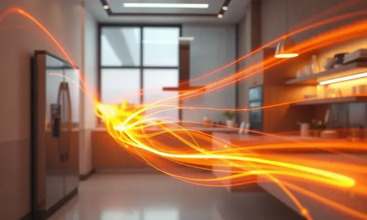 Representação conceitual abstrata de consumo de energia e eficiência em eletrodomésticos modernos.