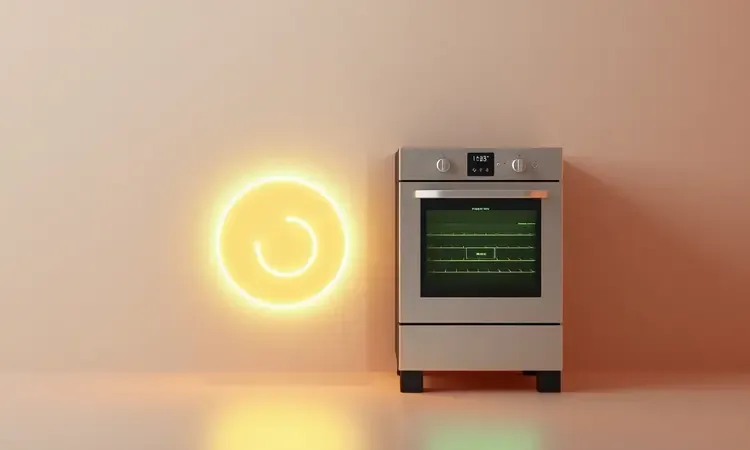 Representação 3D de eficiência energética em um eletrodoméstico de grande porte em ambiente moderno.