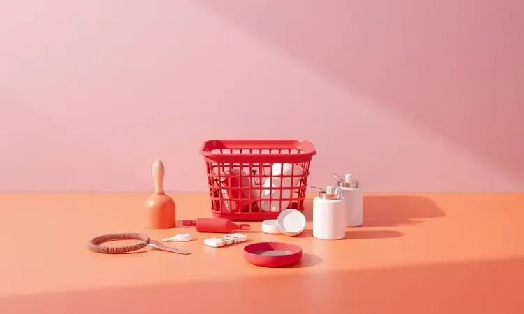 Cesta de fritadeira e acessórios organizados de forma minimalista em um ambiente 3D colorido e bem iluminado.