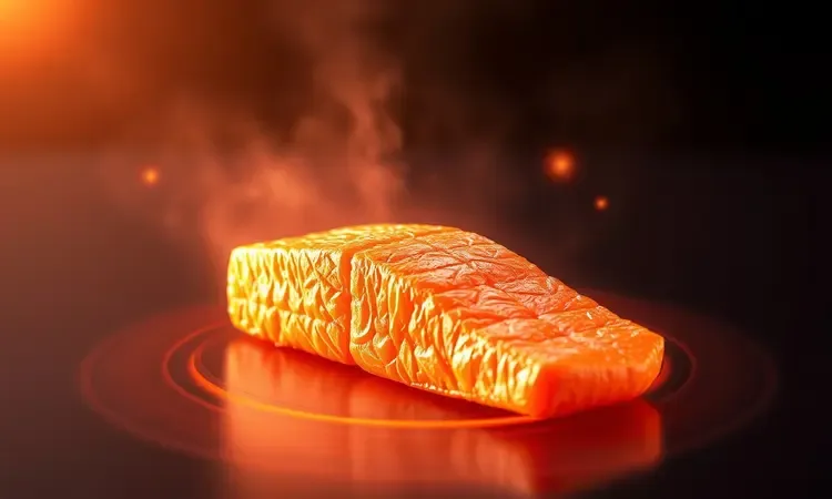 Ilustração 3D abstrata mostrando o controle de calor e temperatura ideal para manter o peixe suculento.