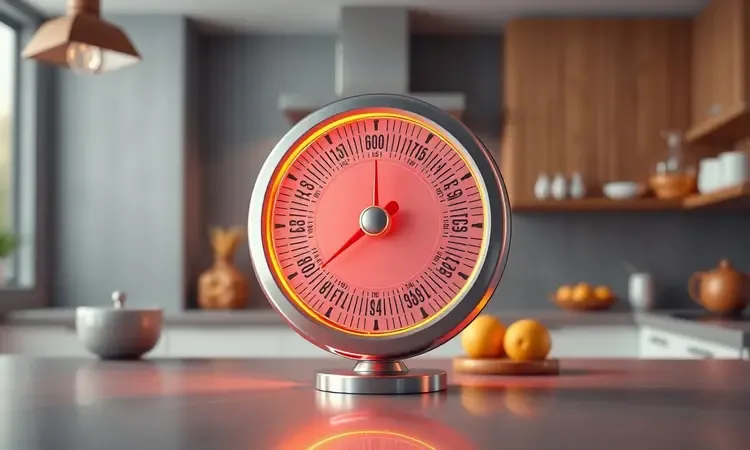Mostrador de temperatura conceitual em 3D com luz quente indicando o controle de calor ideal para cozinhar.