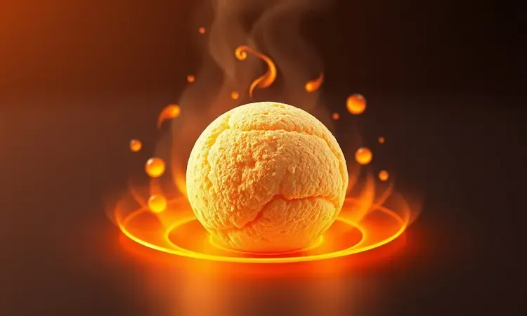 Ilustração 3D mostrando ondas de calor e brilho dourado em torno de um petisco perfeitamente assado.
