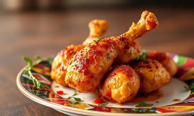 Drumettes de frango crocantes e dourados temperados com ervas em um prato conceitual vibrante.