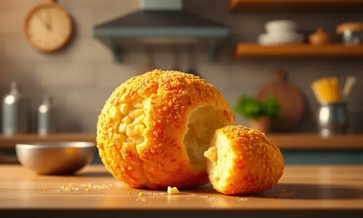 Close-up conceitual em 3D de uma coxinha dourada e bolinha de queijo com textura crocante.