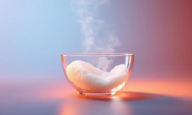 Renderização 3D de vapor suave subindo de um recipiente dentro de uma câmara de airfryer conceitual e colorida.