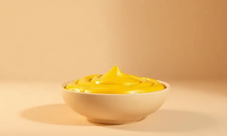 Creme de milho amarelo vibrante e aveludado com textura sedosa em uma tigela elegante.