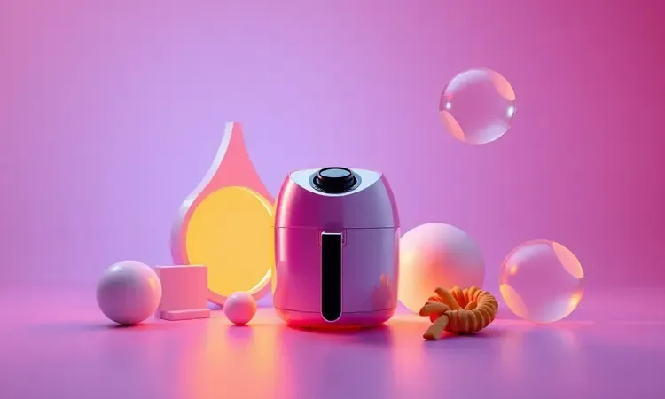 Ilustração 3D conceitual representando os diversos critérios técnicos e especificações para escolha de uma fritadeira elétrica.