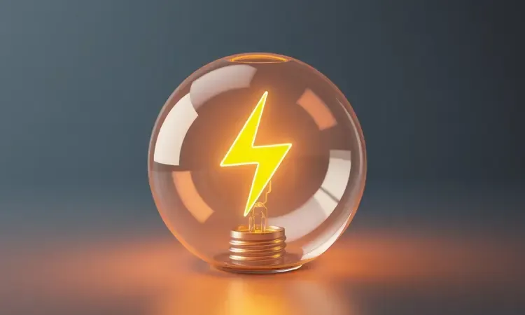 Ícone 3D de raio amarelo em ambiente tecnológico simbolizando precauções de segurança elétrica.
