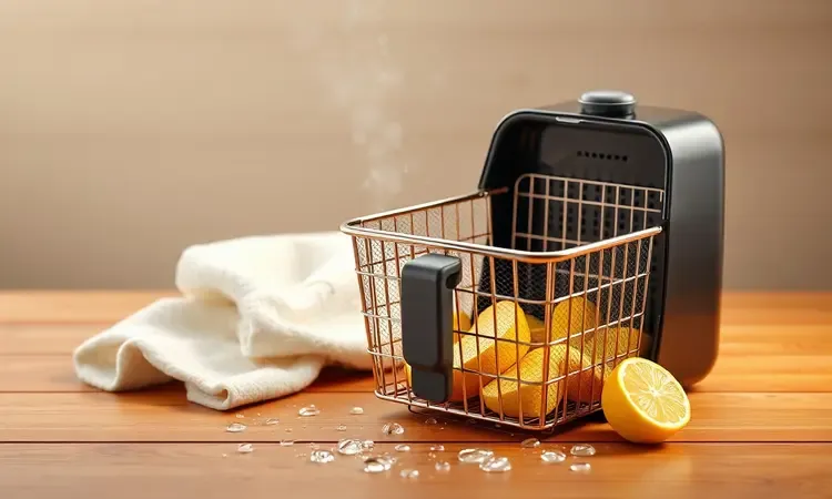Cena conceitual ilustrando a facilidade de limpeza e manutenção de uma fritadeira sem óleo.