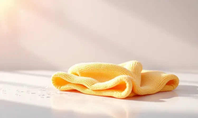 Ferramentas de limpeza suaves e gotas de água brilhando sob luz solar em uma superfície perfeitamente limpa e polida.