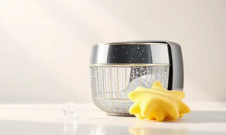 Representação 3D de uma cesta de airfryer limpa e brilhante simbolizando cuidados e manutenção.