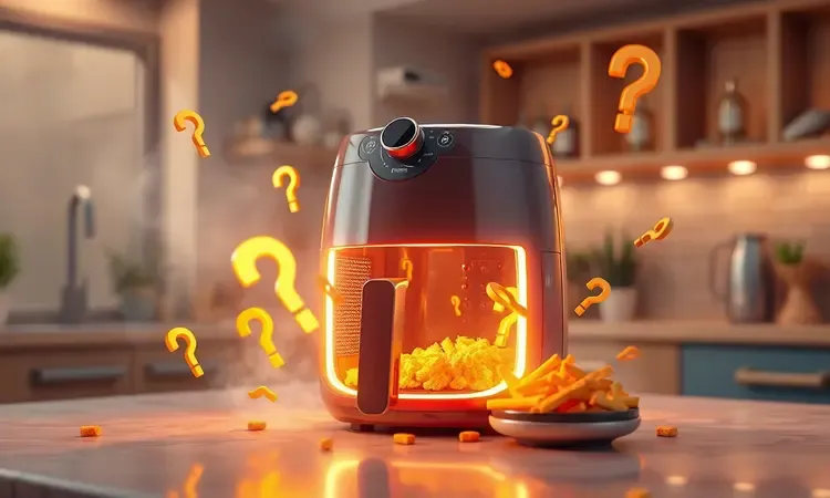 Cena conceitual 3D com elementos geométricos flutuantes ao redor de uma air fryer em tons quentes.