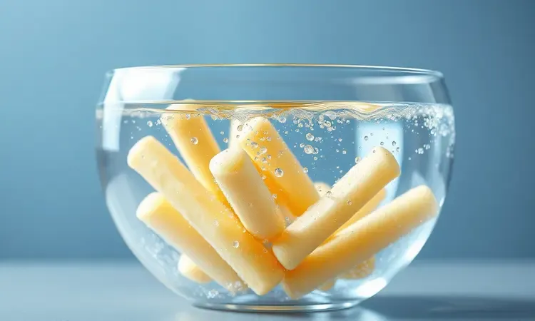 Batatas palito submersas em uma tigela de vidro transparente com água límpida e bolhas sutis.
