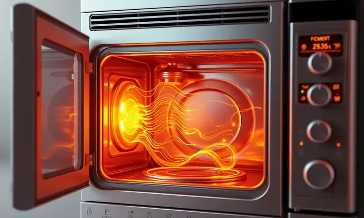 Representação visual de calor e eficiência energética em um eletrodoméstico de cozinha de alta potência com brilho âmbar.