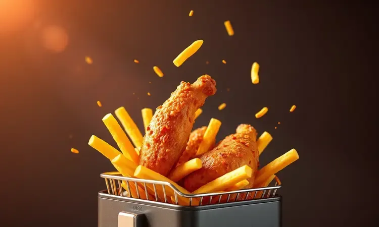 Alimentos crocantes como batatas fritas e frango saindo de uma cesta de air fryer em renderização 3D.