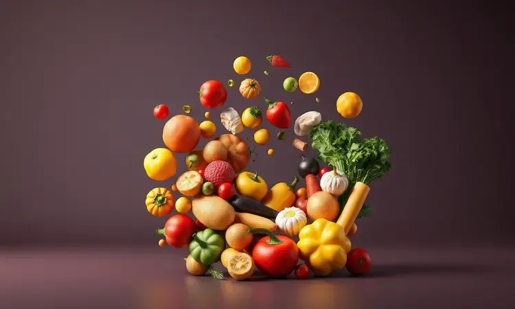 Renderização 3D colorida de vegetais e batatas douradas simbolizando o desempenho de cozimento de uma air fryer.