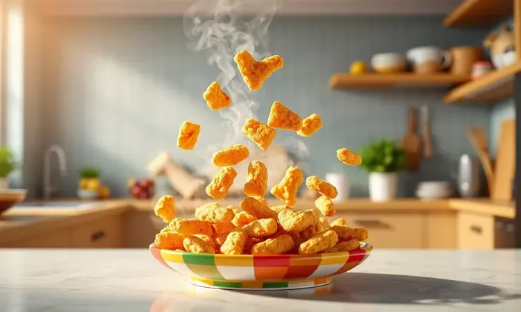 Composição 3D vibrante mostrando alimentos dourados e crocantes flutuando de forma artística sobre uma superfície limpa.
