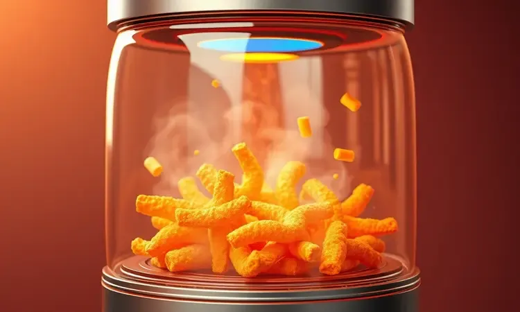 Representação conceitual 3D do fluxo de ar quente preparando alimentos crocantes de forma eficiente.