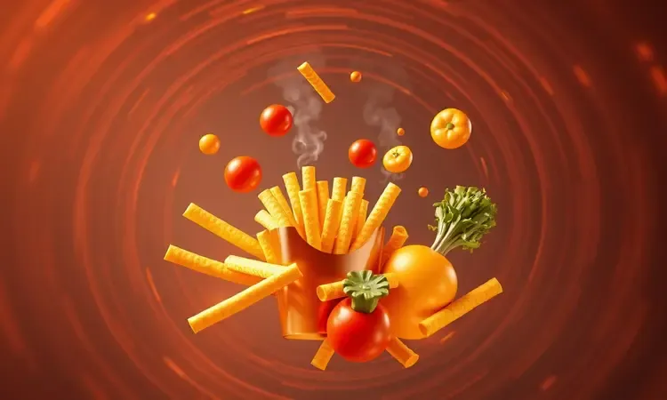 Representação conceitual 3D do cozimento uniforme e circulação de ar quente em uma airfryer.