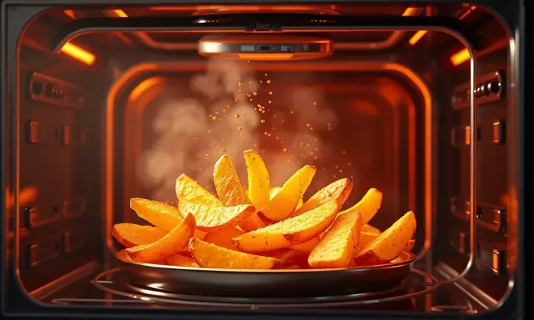 Alimentos crocantes e dourados sendo preparados em uma fritadeira oven conceitual com iluminação quente.