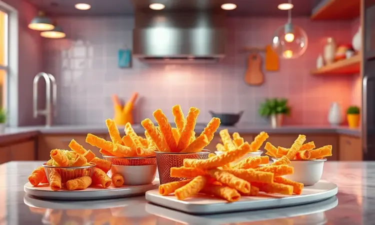 Representação 3D artística de batatas fritas crocantes e pão de queijo em um cenário de cozinha vibrante.