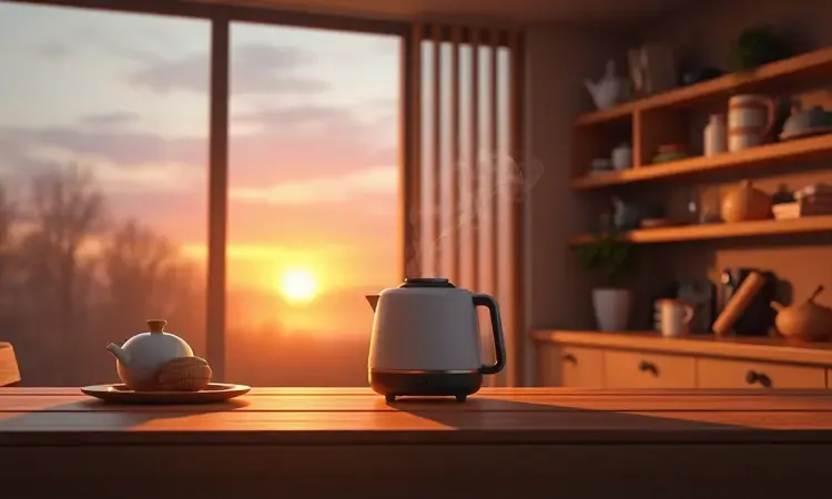 Cena de cozinha em 3D com iluminação de pôr do sol e vapor saindo de aparelho elétrico.