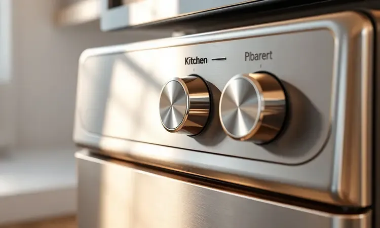 Detalhe do design metálico e botões analógicos de uma airfryer moderna em renderização 3D.