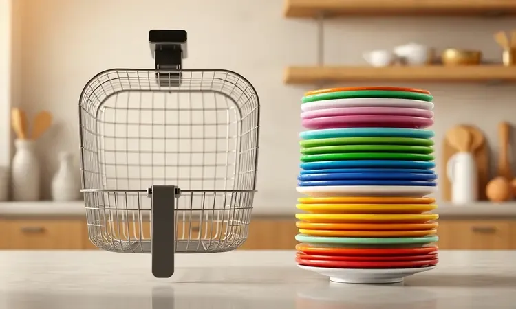 Cesto de air fryer de grande capacidade ao lado de pratos coloridos simbolizando uma refeição em família.