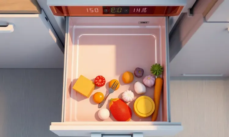 Representação conceitual em 3D do cesto quadrado espaçoso de uma fritadeira elétrica moderna.