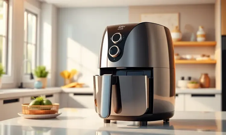 Detalhes conceituais do design e construção de uma air fryer moderna com acabamento premium e cores vivas.