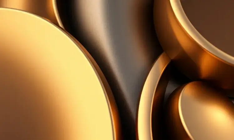 Detalhes conceituais de design industrial com formas geométricas e acabamento metálico em 3D.