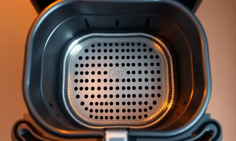 Ilustração conceitual do design interno e cesto de uma air fryer moderna e compacta.