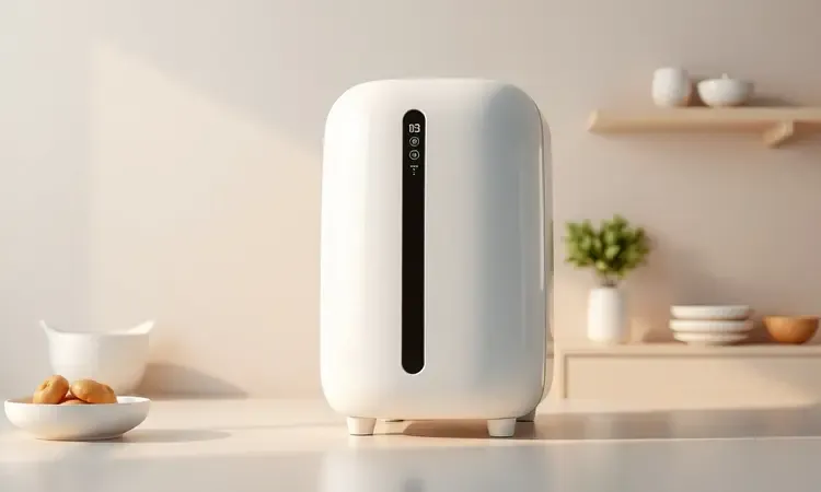 Representação 3D conceitual de uma airfryer moderna com design arredondado e acabamento fosco elegante.