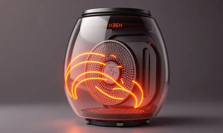 Ilustração 3D do sistema de circulação de ar quente dentro de uma fritadeira elétrica sem óleo.