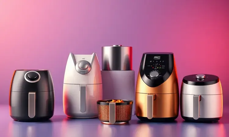 Variedade de modelos de fritadeiras elétricas conceituais com designs modernos e acabamentos elegantes em 3D.