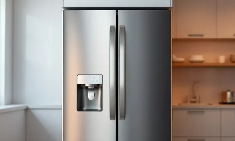 Representação visual estilizada do design moderno de um eletrodoméstico de cozinha com detalhes em metal e iluminação suave.