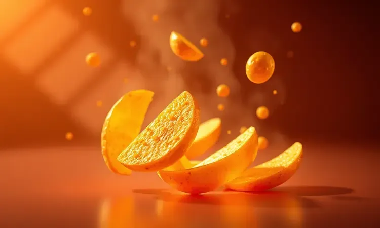 Visualização 3D conceitual de alimentos dourados e crocantes envoltos por ondas de calor circulares.