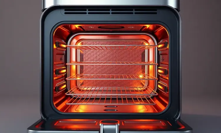 Vista interna detalhada de uma air fryer tipo forno em 3D com prateleiras e iluminação quente.