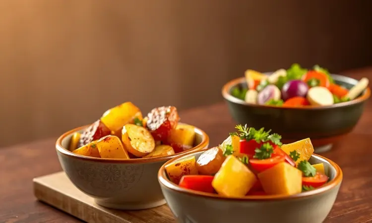Acompanhamentos coloridos e frescos como batatas e saladas em recipientes cerâmicos estilizados em 3D.