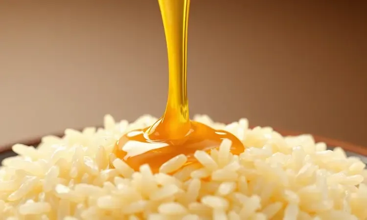 Close-up conceitual de arroz sendo umedecido com molho cremoso para manter a suculência.