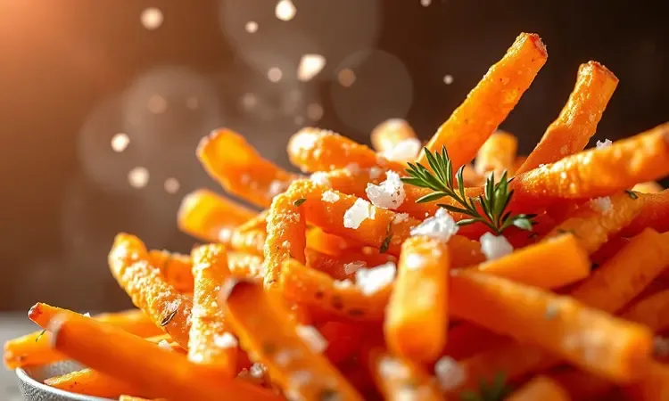 Close-up de batatas-doces douradas e crocantes com cristais de sal e ervas realçados por iluminação quente.