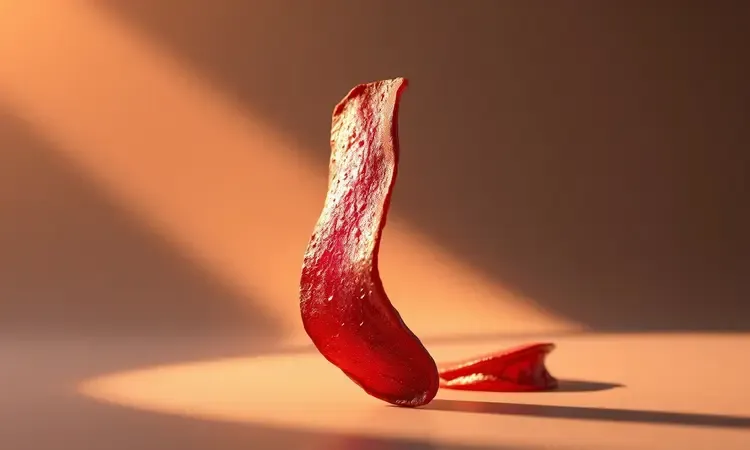 Close-up artístico de um chip de beterraba crocante com iluminação cinematográfica destacando sua textura e cor magenta intensa.