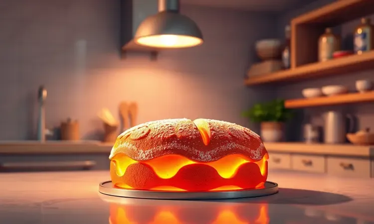 Bolo perfeitamente assado com textura fofinha e cor dourada sob iluminação de estúdio quente.