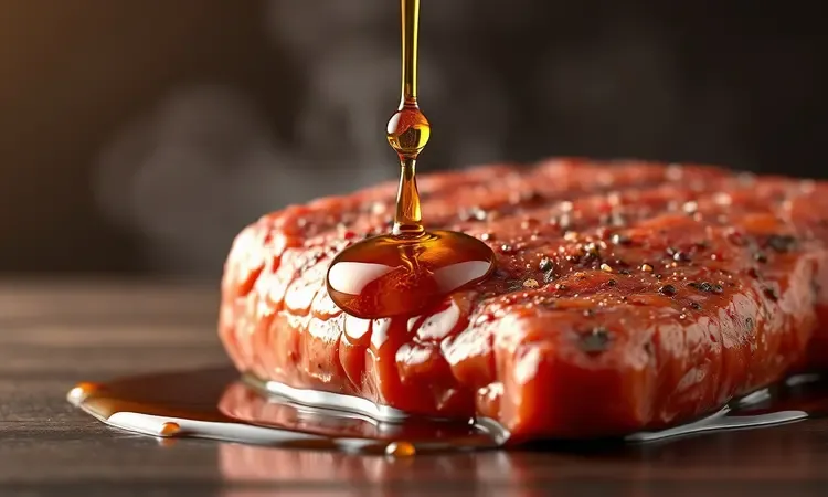 Ilustração conceitual focada na textura suculenta e úmida de uma carne bem preparada.