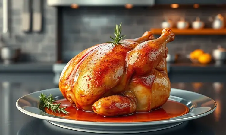 Close-up conceitual de um frango assado suculento com ervas aromáticas em estilo render 3D vibrante.