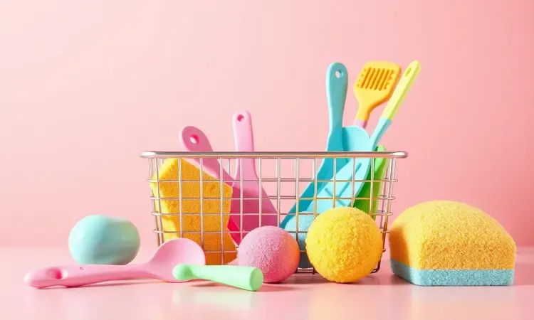 Cena 3D estilizada com utensílios de silicone e elementos de limpeza suaves flutuando ao redor de um cesto de fritadeira.
