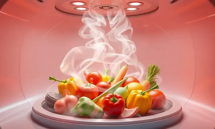 Representação 3D abstrata do fluxo de ar quente cozinhando alimentos em uma air fryer de grande volume.
