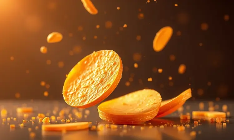 Fatias finas de chips de inhame flutuando com iluminação dourada para representar crocância máxima.